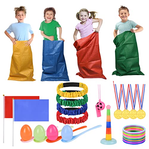 Flintronic 36/33/16/12 peças Sports Day Kit, jogos de corrida de saco, jogos ao ar livre, ovo e colher, conjunto de lançamento de anéis, medalha e apitos, para exteriores desportivos para crianças
