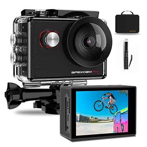 Apexcam Pro Câmara desportiva 4K 20 MP EIS WiFi Action câmara câmara câmara subaquática impermeável 40 m microfone externo 2,0 'LCD 170 ° grande ângulo 2,4 G remoto 2 baterias de 1200 mAh e outras