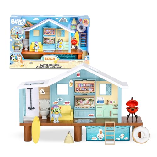 Bluey - Beach Cabin Playset, casa de praia de cachorro azul, brinquedo com figura, com acessórios, piscina, óculos, flutuador, churrasco, casa azul, famosa (BLY66000)