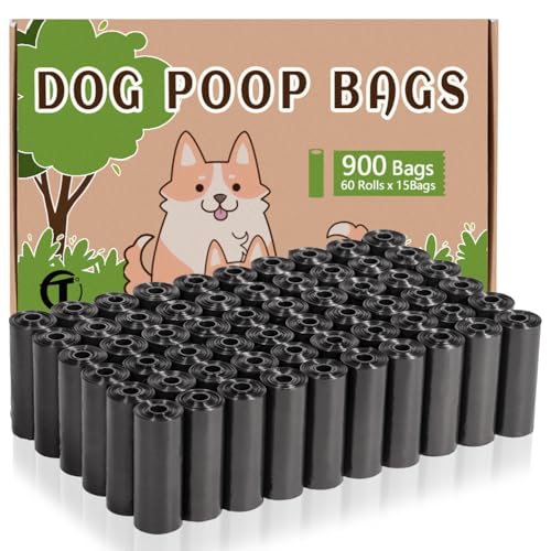 AiTodos 900 peças Sacos cachoeira cão, preto, sacos de excrementos para cães, adequado para sair de casa, 31 * 22 cm, material de polietileno, portátil (60 rolos, 15 por rolo) - Poop Bags