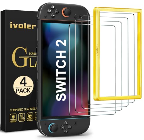 ivoler 4 peças protetor de ecrã para Nintendo Switch 2 Model 2025, inclui estrutura de instalação fácil, vidro temperado premium