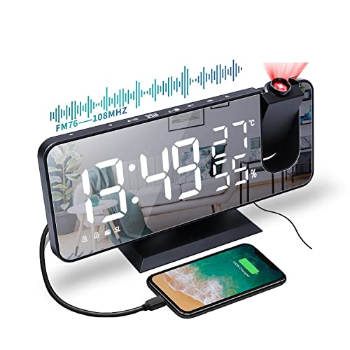 Projetor de rádio despertador, relógio despertador digital com porta USB, ecrã de espelho LED de 7", 180° rotativo despertador projetor humidade temperatura interior com 2 relógios despertador (C)