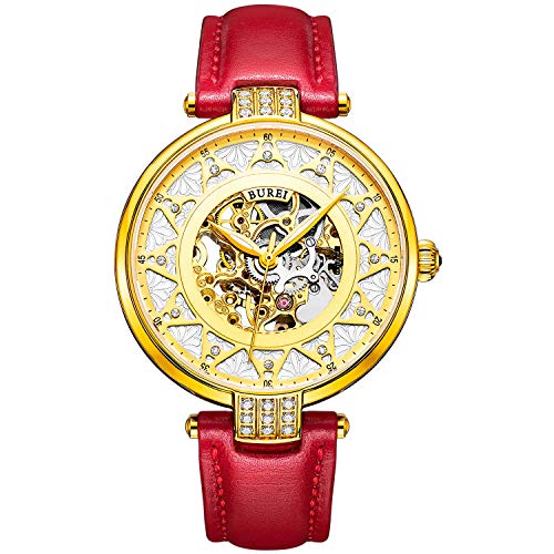 BUREI Relógio automático para mulher, relógio esqueleto na moda, relógio mecânico cristal de safira Rhinestone marcadores e correia de couro macio