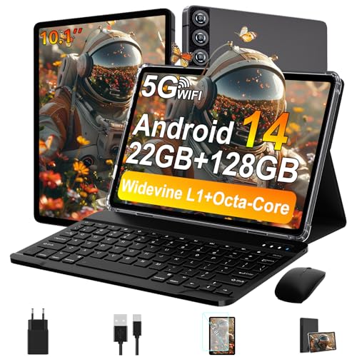 ZIOVO Tablet Android de 10 polegadas, 22 GB RAM+128 GB ROM (TF 1TB), 5G WiFi/Widevine L1/Octa-Core/8000 mAh/corpo metálico/8 + 5 MP/BT 5.0/ Tablet 2 em 1 com teclado Lado e rato - cinzento