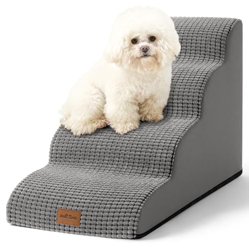 COZY KISS Escada para cães pequenos, escadas para animais de estimação de espuma para cama e sofá, ampa para gatos com capa lavável e fundo antiderrapante, leve, 40 x 72 x 50 cm, 4 pelos, cinzento