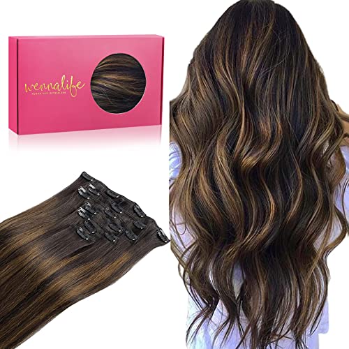 WENNALIFE Clipe de cabelo natural Extensões de cabelo, 35 cm, 120 g, 7 peças, Balayage castanho-escuro mistura de castanho extensões de cabelo postiços Remy para mulher