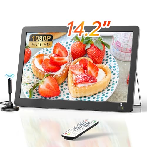 Desobry Televisores portáteis de 14,2 polegadas, 1080P recarregável TV pequena com antena e sintonizador DVB-T2, ao ar livre com suporte de entrada HDMI/USB/AV, TV pequenas para cozinha
