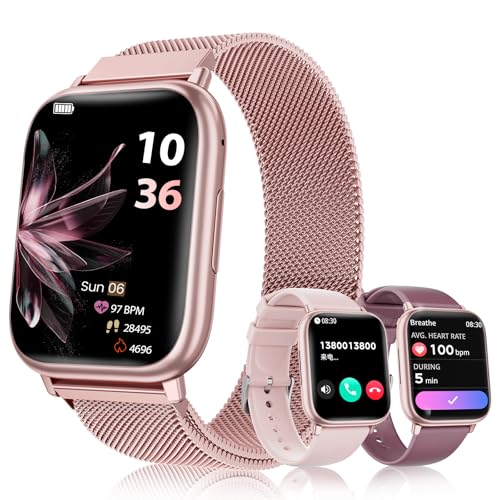 Relógio inteligente mulher com chamadas Bluetooth, 1,83" Smartwatch, com SpO2, pressão arterial, monitor de sono, podómetro, 100 modos desportivos, para Android iOS (rosa dourado)