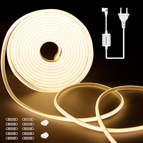 Faixa LED COB 220 V 20 m, faixa LED impermeável com 288 LED/m, CRI>90, 10 mm de largura, faixa LED exterior branco quente IP65 para quarto, jardim, teto, decoração exterior, 3000 K