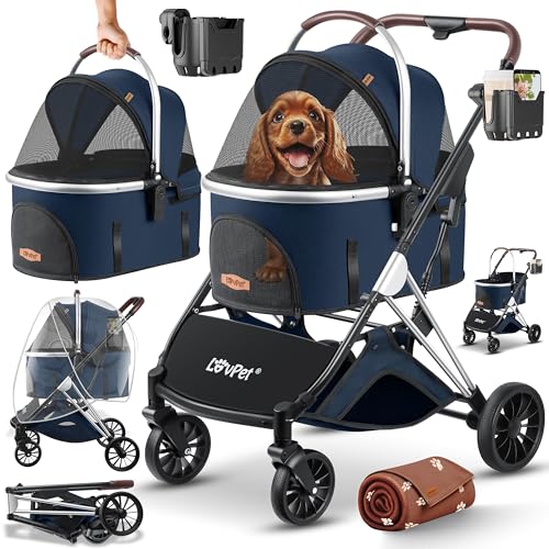 LOVPET® Carrinho para cães e gatos 3 em 1 carrinho dobrável | bolsa de transporte 360° rodas grandes | transporte para animais de estimação, rede e cobertura para chuva, Jogger