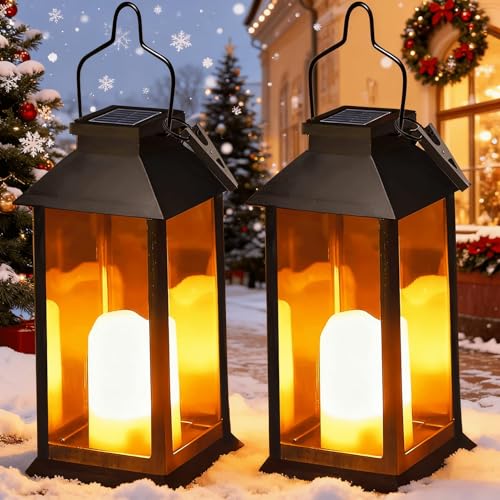 Yowin Lanternas solares para exterior, 2 peças, candeeiro de jardim com vela pisca, lanterna solar impermeável candeeiro exterior mesa, lanterna para ornamentos jardim terraço varanda decoração