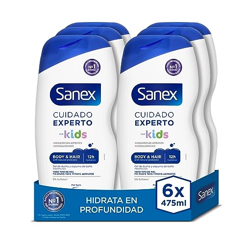 Sanex Gel de duche para crianças, conjunto de 6 unidades x 475 ml, gel para crianças, hipoalergénico, hidratação de 12 H, dermatologicamente testado, aprovado por pediatras