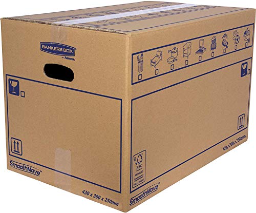 Bankers Box 6208301 Pack de 10 caixas de papelão com alças para movimentos, armazenamento e transporte ultra-resistentes, canal simples reforçado, 32 litros, castanho, 43 x 30 x 25 cm