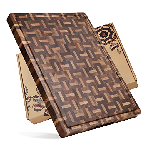 YOUSUNLONG Tábua de cortar XXL grande de madeira de acácia misturada com carvalho - 61 x 45,7 x 3,8 cm - tábua de cortar de açougueiro com ranhura profunda para sumo e manga - tábua de cozinha
