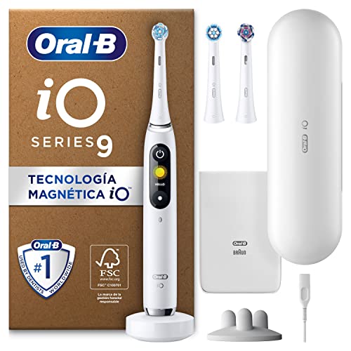 Oral-B iO 9 Escova de dentes elétrica com cabo recarregável, 3 cabeças e estojo de viagem com carregador, desenhado por Braun, presentes originais para mulher e homem - branco