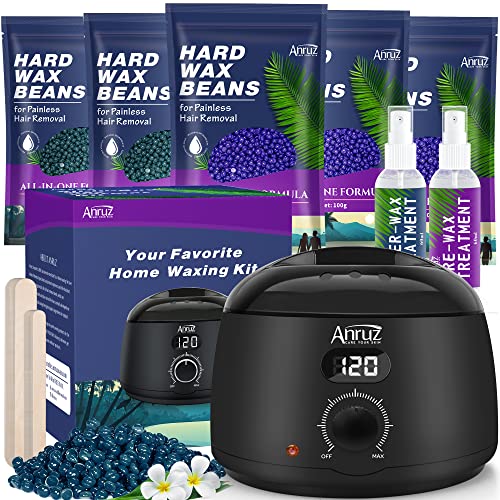 ANRUZ Aquecedor de cera remoção profissional completa, pote de cera digital com 500 g de cera e 20 aplicadores, para corpo completo, preto