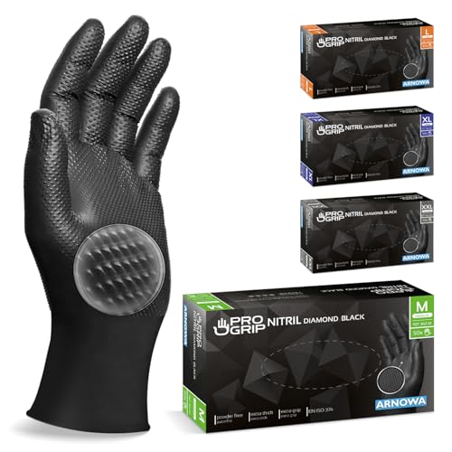 500x PROGRIP Luvas nitrilo tamanho M preto [com dupla espessura e textura diamante], luvas descartáveis de nitrilo para oficina, indústria e montagem, luvas nitrilo descartaveis