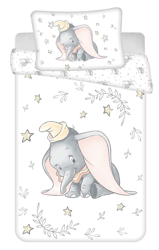 Jerry Fabrics - Conjunto de cama de bebé Dumbo Stars, 100% algodão, capa nórdica de 100 x 135 cm e fronha de almofada de 40 x 60 cm