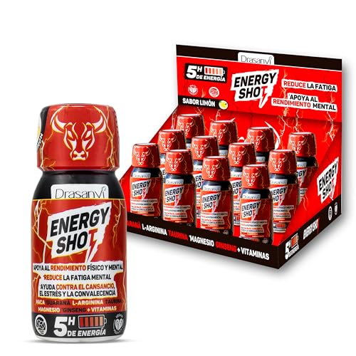 DRASANVI ENERGY SHOT 5 horas de energia TOTAL | Reduz a fadiga, com magnésio, taurina, L - arginina, colina, guararaná, maca, gineng, cafeína e vitaminas, pack de 12 unidades sabor limão