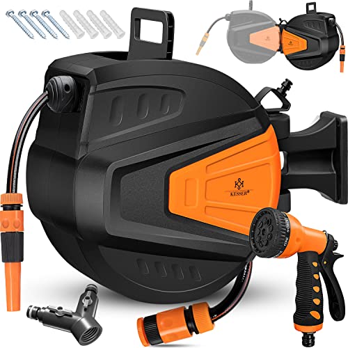 KESSER® Enrolador de mangueiras de água | Chuveiro de mão múltiplo | Giratório 180° | Tampa de rebobinamento | montagem na parede | caixa de mangueiras de parede, mangueira de jardim, laranja 15 M