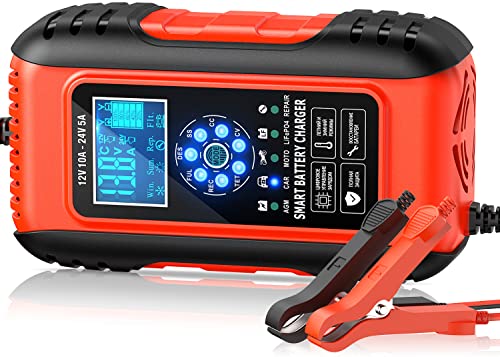 Carregador de baterias, carregador de bateria de carro inteligente totalmente automático, o ecrã LCD é usado no carregador bateria de automóveis, motocicletas, etc (Red) (10 A)