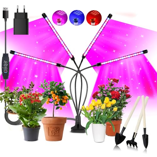Niello Candeeiro de planta, candeeiro LED cultivo de 4 cabeças de espectro completo com 80 LEDs, luz para plantas com temporizador de ligar e desligar automático 3/9/2H para mudas e suculentas
