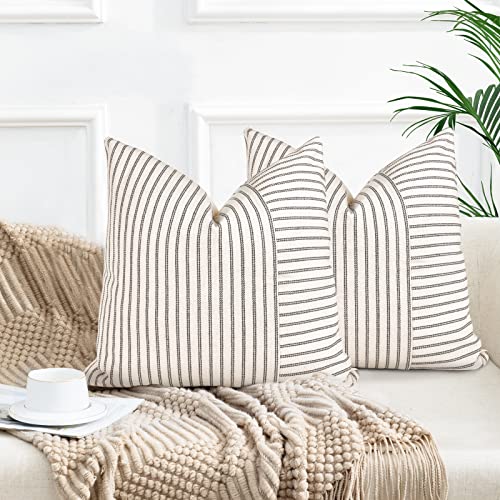 YCOLL Conjunto de 2 fronhas 55 x 55 algodão linho fronha almofada sofá almofada riscas almofada decorativa boho fronhas de almofada decorativas para sofá sala de estar quarto exterior almofadas 55 x