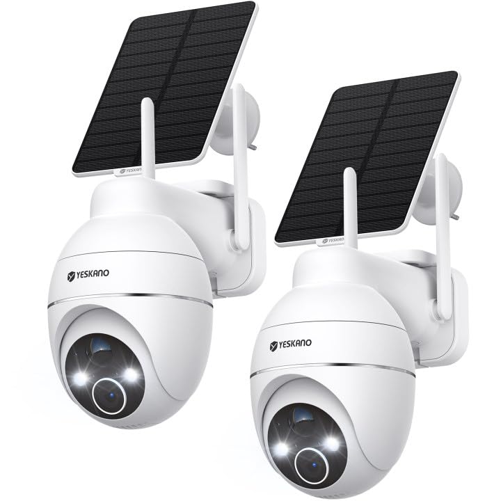 YESKANO Câmara de vigilância WiFi exterior solar, 2K câmaras de vigilância sem cabos, 360° PTZ, visão noturna colorida, 2,4 GHz Wi-Fi, detecção de IA, PIR sereia, IP66 (branco-2 unidades)