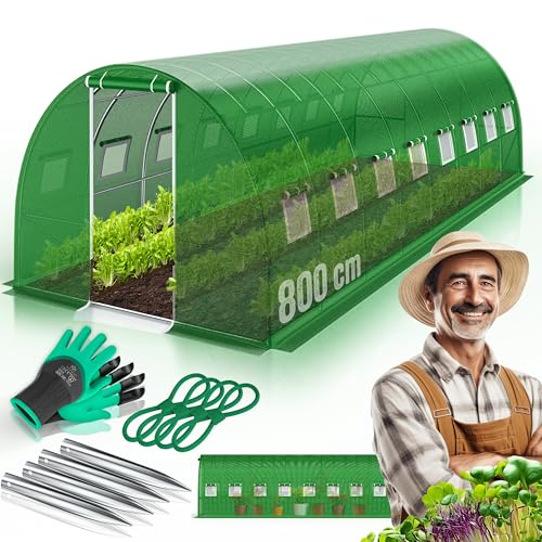 KESSER® Estufa estável com 16 janelas com mosquiteiro e porta, túnel de jardim com moldura de aço galvanizado, 170 g/m², inclui luvas e cordas, 800 x 300 cm, cor verde