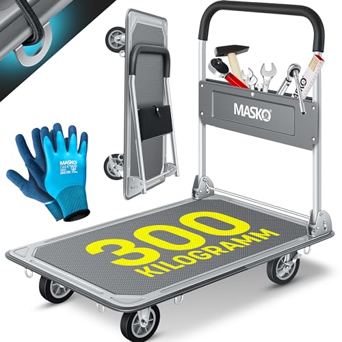 MASKO Carrinho de plataforma, carrinho de armazenamento, Incl. Luvas de trabalho, travão de bloqueio, com 6 argolas de segurança, rodas giratórias 360°, dobrável, capacidade de carga - 300 kg