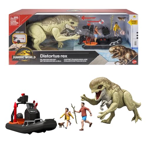 Mattel Jurassic World: O Renascer conjunto de história, veículo com figuras de humanos e dinossauros, balsa de filme, Distortus Rex e fino, Isabella e Allops, Escape da ilha, JGB55