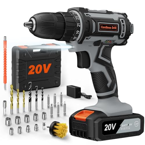 Broca bateria 20 V, broca parafuso bateria 42 Nm, broca parafuso com bateria 2000 mAh, 2 velocidades, 25 + 1 ajuste de par, suporte de bloqueio de 10 mm, acessórios 25 peças, para bricolage e