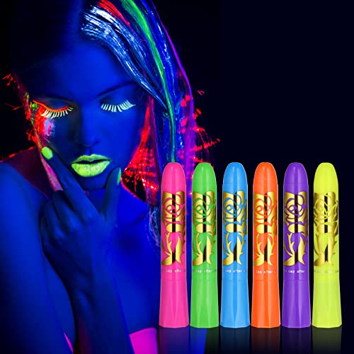 AOOWU Pintura de rosto de néon brilhante UV, 6 cera fluorescente de cor do rosto, lavável não tóxico cera lápis UV néon para rosto e corpo, para Halloween, Mardi Gras, festa de disfarces
