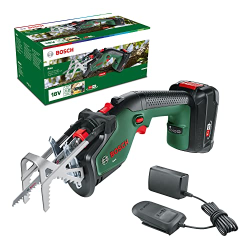 Bosch Home and Garden Serra de jardim com bateria Keo (1 bateria de 2,0 Ah, sistema de 18 V, diâmetro de corte 80 mm, com lâmina Swiss Precision Wood, em caixa)