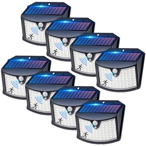 Giliwosy Luz solar exterior, 8 pacotes/3 modos IP65 impermeável holofotes LED exteriores solares com sensor de movimento, luzes solares LED jardim para garagem caminhos portas (branco frio)