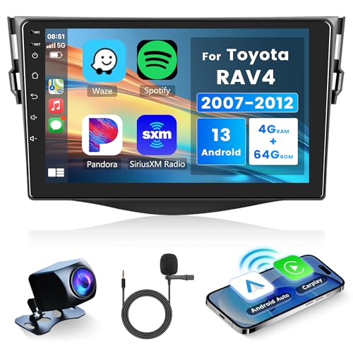 4G + 64G Wireless Carplay Android rádio de carro 2 DIN para Toyota RAV4 2007-2012 com Android Auto Navi GPS WiFi 9 polegadas rádio carro com Mirror Link Bluetooth FM/RDS/DAB/DVR/32 EQ/SWC Câmara