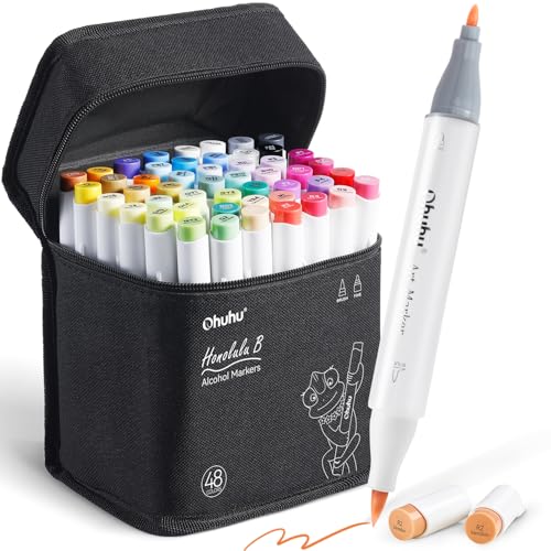 Ohuhu 48 cores marcadores de pincel de álcool, marcadores de esboços de ponta dupla (pincel e ponta fina) para artistas, marcadores de arte para colorir e ilustração de adultos e 1 liquidificadora