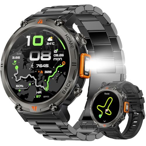 GPS militar relógio inteligente homem com lanterna LED, 1,45'' 3ATM impermeável Smartwatch homem com chamadas Bluetooth, Fitness Tracker com bússola/110 modos desportivos/SpO2/pulsómetro, iOS Android