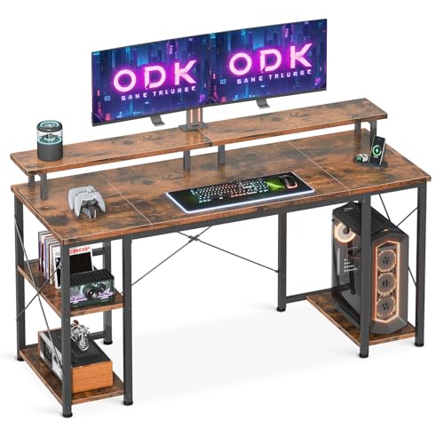 ODK Mesa com prateleira reversível, mesa de computador com suporte para monitor e prateleiras, mesa de jogos secretária para escritório, sala de estar (castanho, 120 x 50 x 86,5 cm)