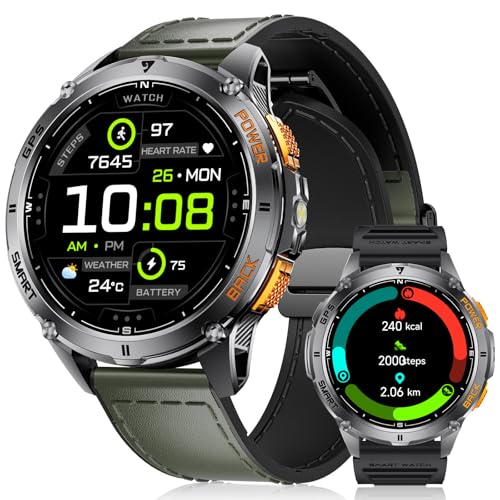 LIGE GPS Integrado relógio inteligente para homem, 1,43" AMOLED Smartwatch com LED lanterna para Android e iOS, resistente à água 5ATM, 300 mostrador, bússola / altímetro, 170 desportos, verde escuro