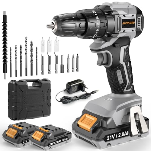 AKZWOXRO Broca Percutor a bateria 21 V, sem escovas broca parafuso bateria com 2 x 2,0 Ah baterias, parafuso elétrico 45 N.m, ajuste de par, 14 acessórios, 2 velocidades, cinzento
