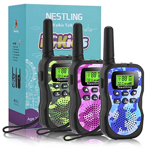 Nestling Walkie Talkie para crianças, camuflagem ao ar livre, 8 canais, rádio de 2 vias, brinquedos, lanterna LCD retroiluminada, faixa de 3 milhas para atividades infantis (3 unidades camuflagem)