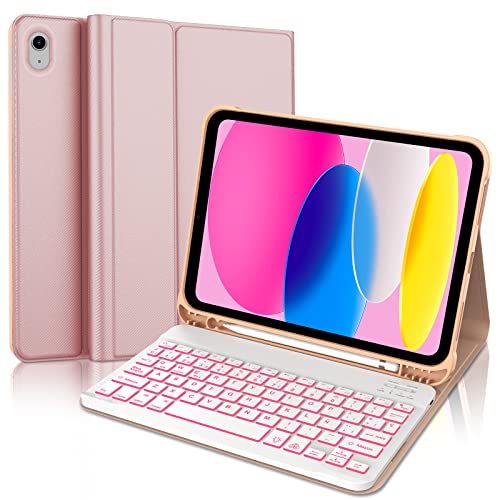 Teclado para iPad 10 geração 2022/11 geração A16 2025 (10,9/11 polegadas), QWERTY espanhol Ñ, retroiluminado de 7 cores Bluetooth magneticamente capa teclado para iPad 10/11 Gen, ouro rosa