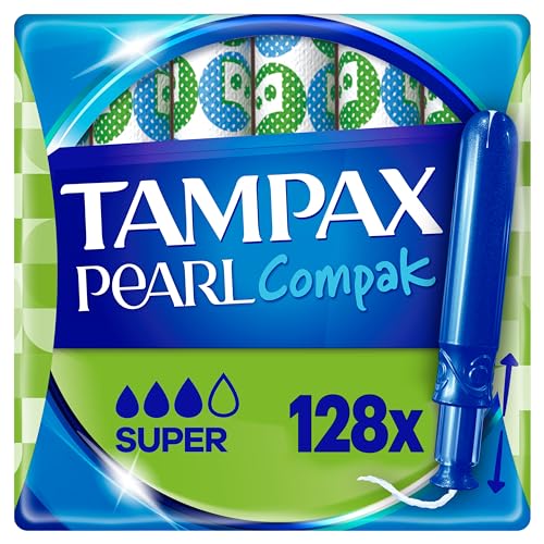 Tampax Tampões Pearl Compak super com aplicador suave, pack de 128, 3 em 1 proteção contra fugas, conforto e fácil inserção