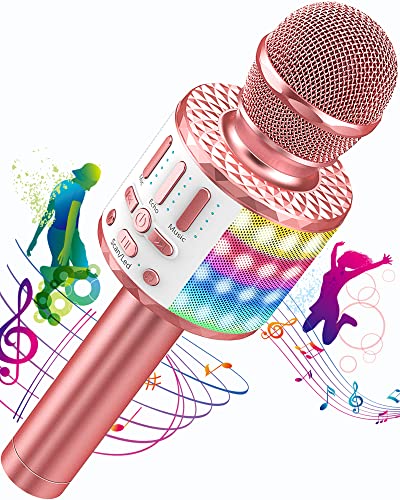 Microfone Karaoke Bluetooth, microfone sem fios karaoke com altifalante e LED, microfone portátil para crianças, jantar, jogo de música, meninas, suporte Youtube, Skype, Android/iOS/PC/AUX