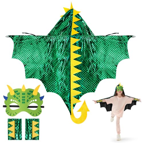 Aomig Disfarce dinossauro para crianças, 3 unidades camada de dinossauro com capuz e mangas e máscara dinossauro, capa de disfarce de dragão para crianças para o Halloween carnaval festas cosplay