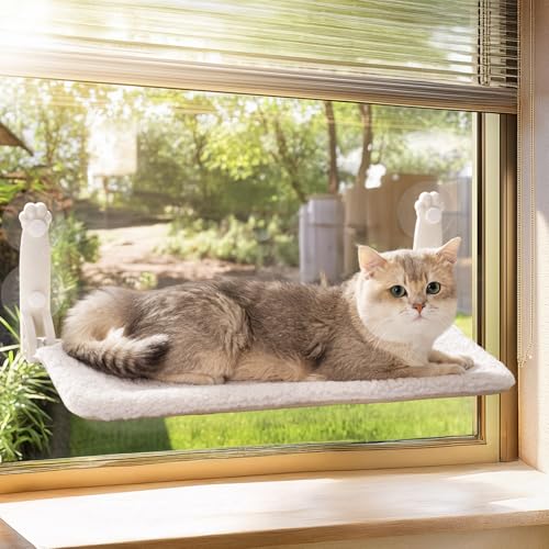 MEWOOFUN Rede dobrável para janela para gatos, cama dobrável para janela com tapete reversível, rede estável para gatos, que suporta até 18 kg (bege, M