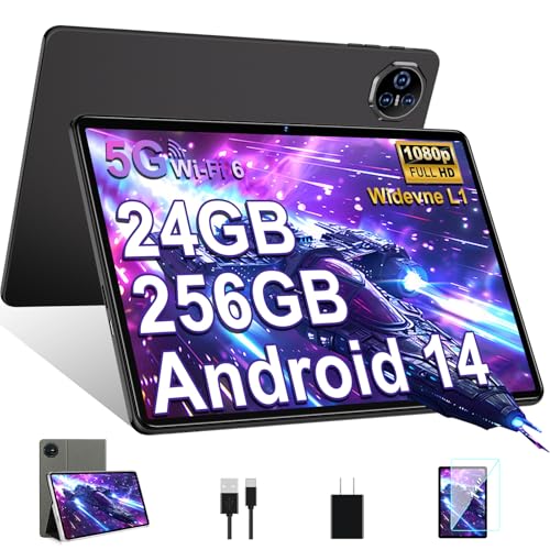 Biegedy Tablet de 11 polegadas Android 14, 24 GB RAM+256 GB ROM/1TB TF, Tablet ecrã tátil, Widevine L1/8000 mAh / 5 MP + 13 MP / 5G WiFi/Facial ID/GMS/BT 5.0, Octa-Core 2.0. 0 GHz, com Capa preta