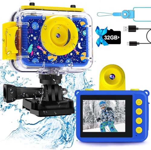 GKTZ Câmara de fotos infantil impermeável, câmara de vídeo de ação submarina infantil, presente de aniversário para meninos e meninas de 3 4 5 6 7 8 9 10 11 12 Anos (azul escuro)