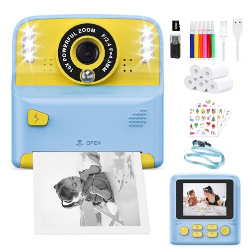 PHNIXGAM Câmara instantânea para crianças com 2 flash, câmara digital, câmara infantil, câmara de fotos HD de 2,4 polegadas, presente para meninos e meninas, inclui 5 rolos de papel de impressão